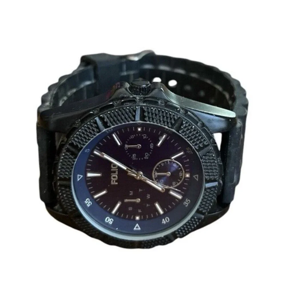 Folio Men's Watch Black Buckle Rubber Band Analog Blue Face 9